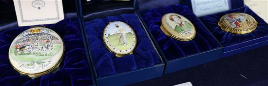 Nine Halcyon Days enamel bonbonieres, a clock and a photo frame